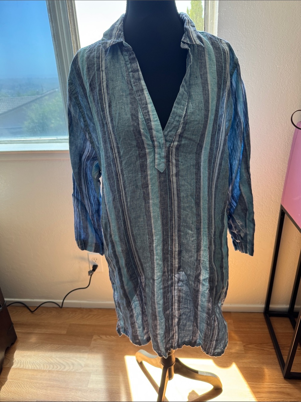 The Company Store Blue & Teal Striped Lightweight Tunic,100%Linen , Size Large